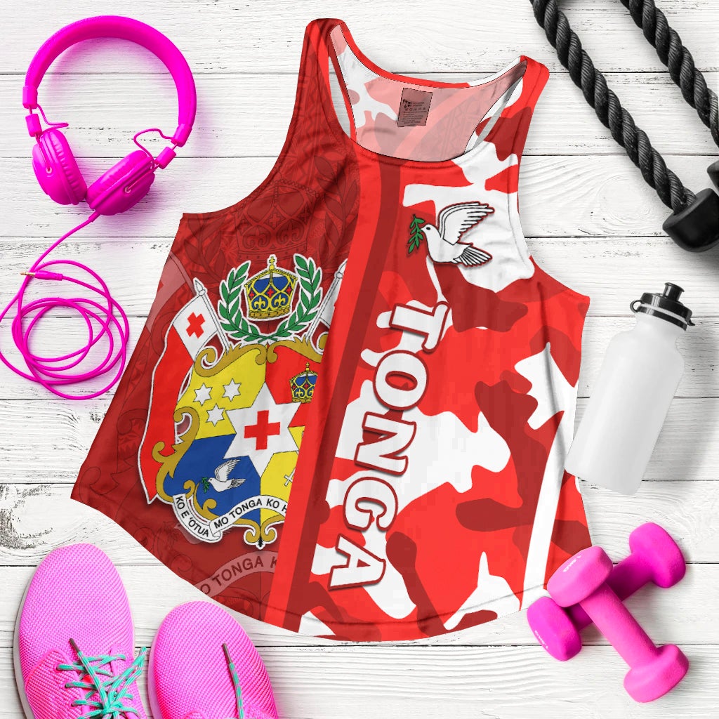 Red racerback tank top with camouflage Tongan design and vertical TONGA text