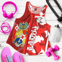 Red racerback tank top with camouflage Tongan design and vertical TONGA text