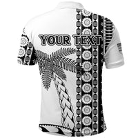 White rugby polo shirt back view with YOUR TEXT, tapa stripes and coconut tree print