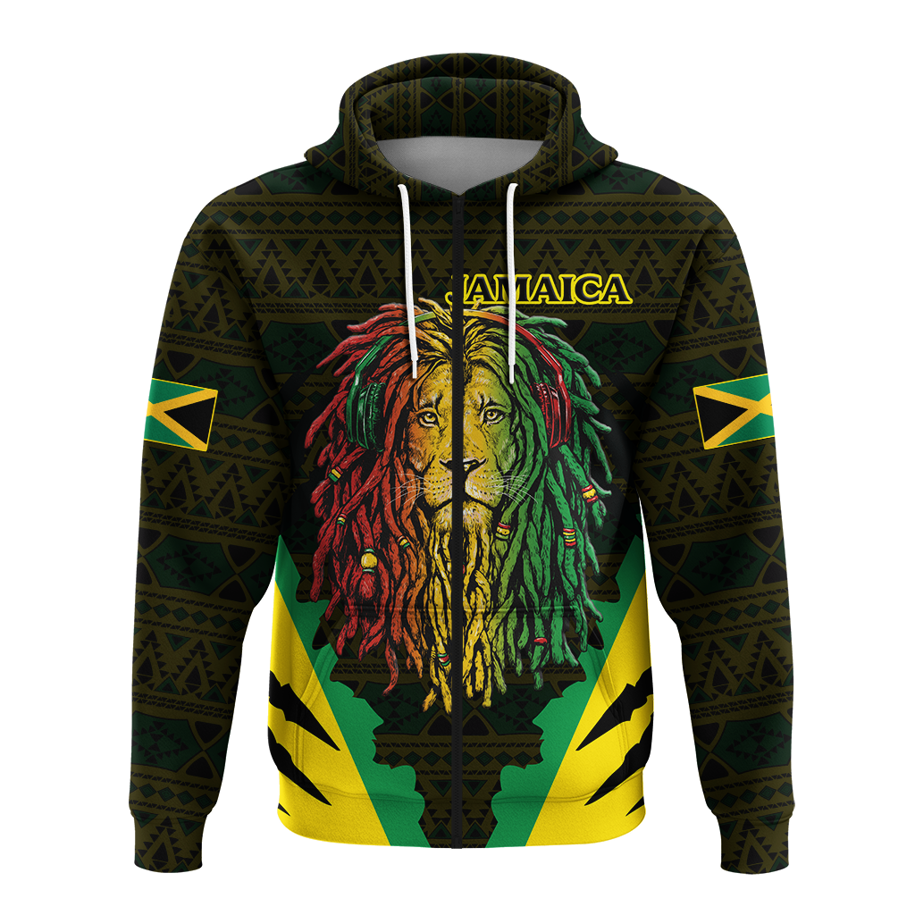 Dark green pullover hoodie with split-color lion face art and Jamaica logo at neckline
