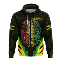 Dark green pullover hoodie with split-color lion face art and Jamaica logo at neckline