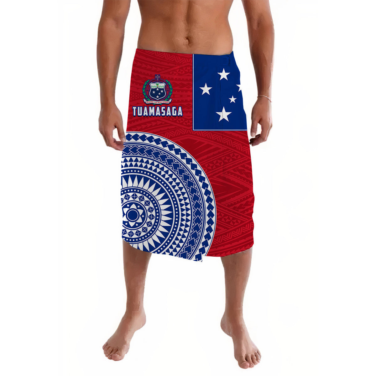 Red lava lava wrap skirt with blue Polynesian circular pattern and white stars
