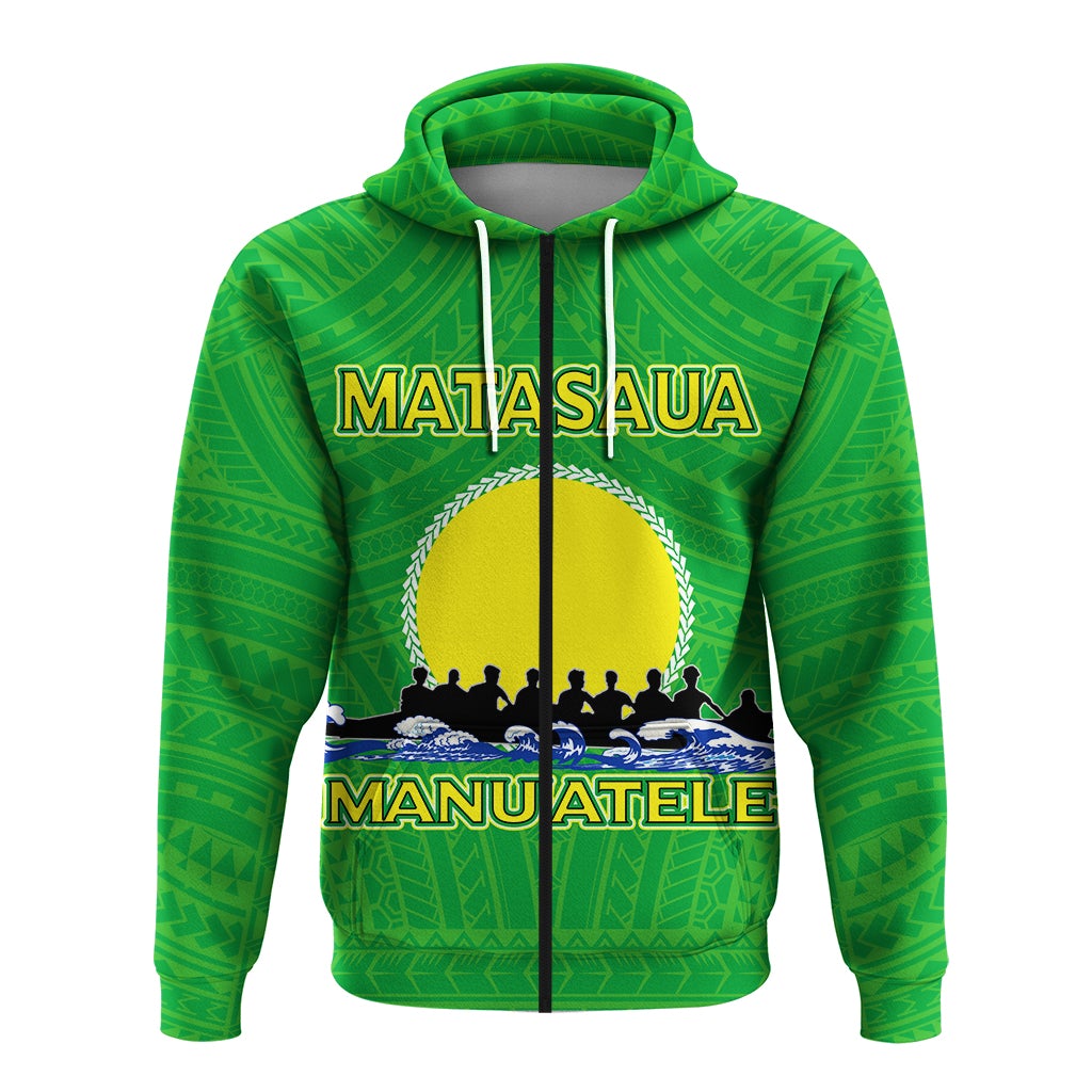 Green zip-up hoodie with hood, MATASAUA name and MANU'ATELE banner