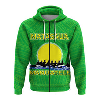 Green zip-up hoodie with hood, MATASAUA name and MANU'ATELE banner