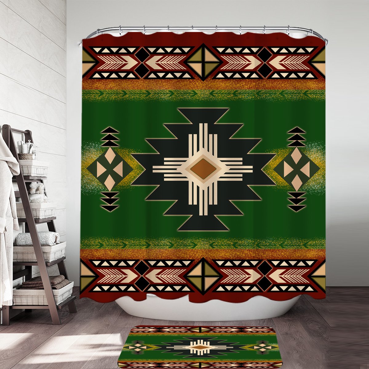 Green shower curtain with multicolor Native-inspired geometric pattern, tribal motifs