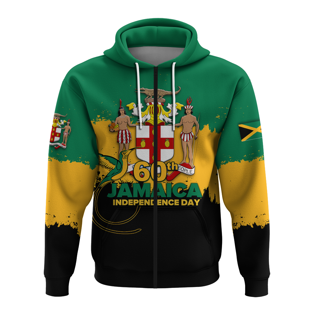 Front view green pullover hoodie with colorful “Jamaica” anniversary emblem and large “Independence Day”