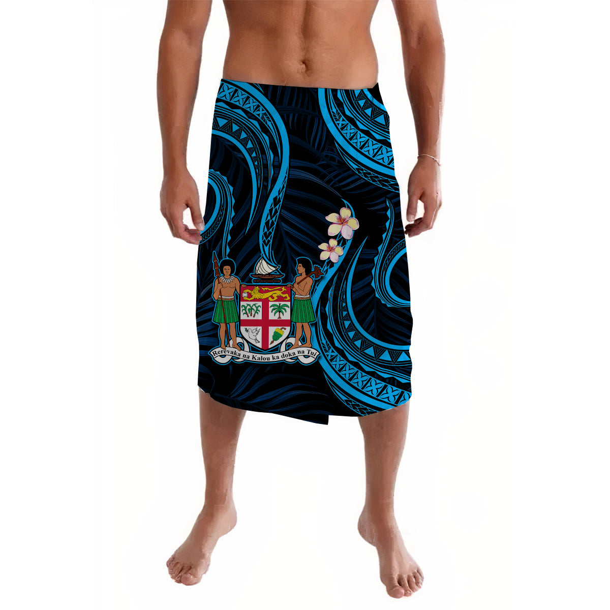 Blue and black Polynesian lavalava sarong with crest and wave pattern