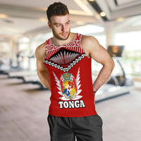 Red Tonga pride tank top on model, sleeveless athletic fit with crest logo