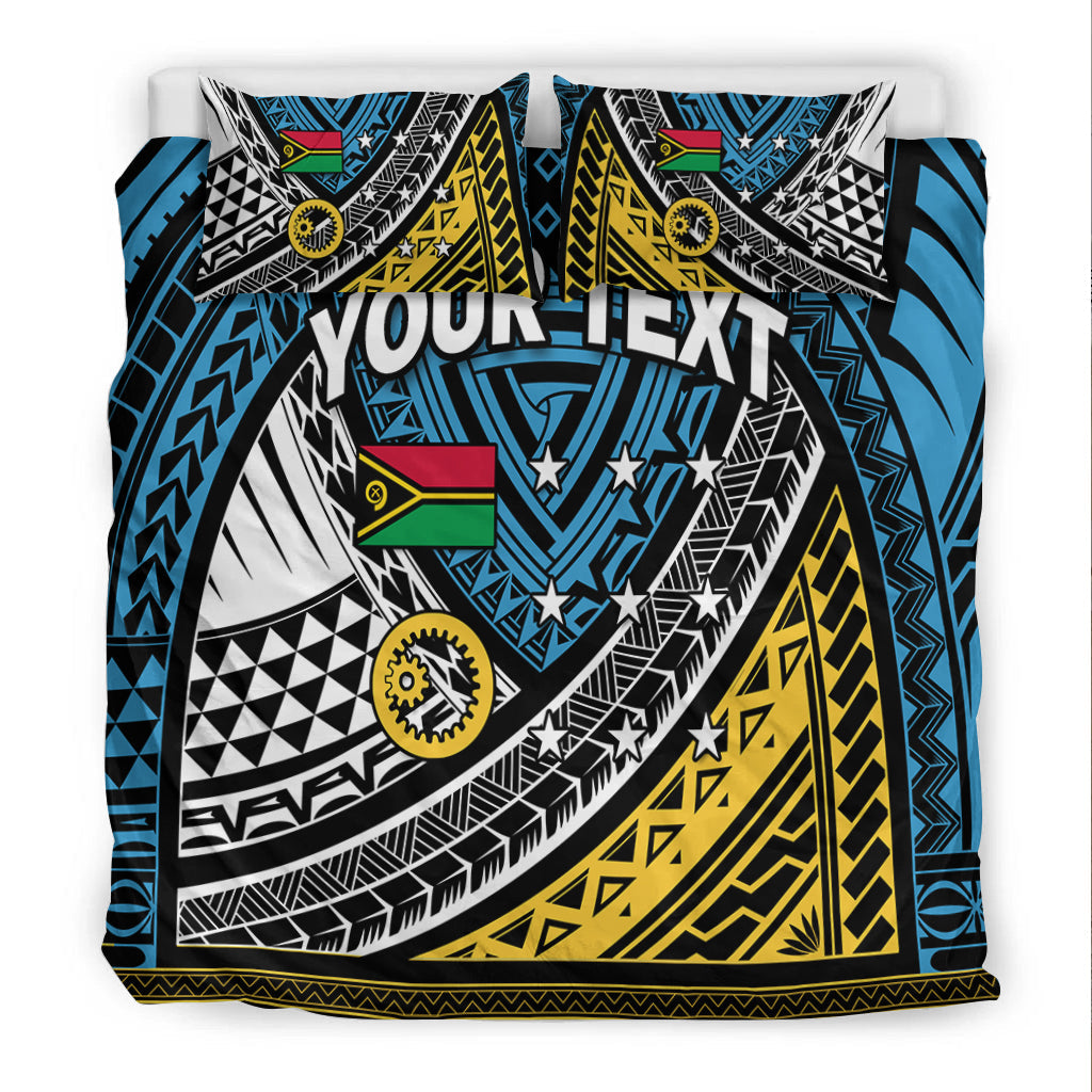 Blue tribal duvet cover set with 'YOUR TEXT' centered and matching pillow shams