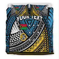 Blue tribal duvet cover set with 'YOUR TEXT' centered and matching pillow shams