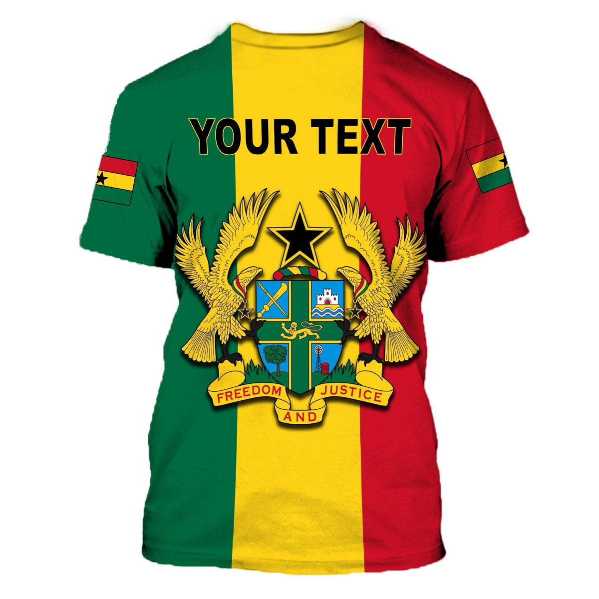 Ghana flag graphic T-shirt, multicolor red yellow green with coat of arms and “YOUR TEXT”