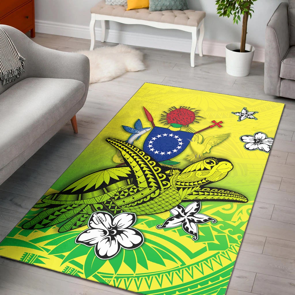 Green Polynesian turtle area rug with star, fish and flower graphics, flat rectangle