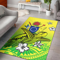 Green Polynesian turtle area rug with star, fish and flower graphics, flat rectangle