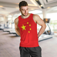 Men's red tank top with yellow star graphic on chest, sleeveless crew neck.