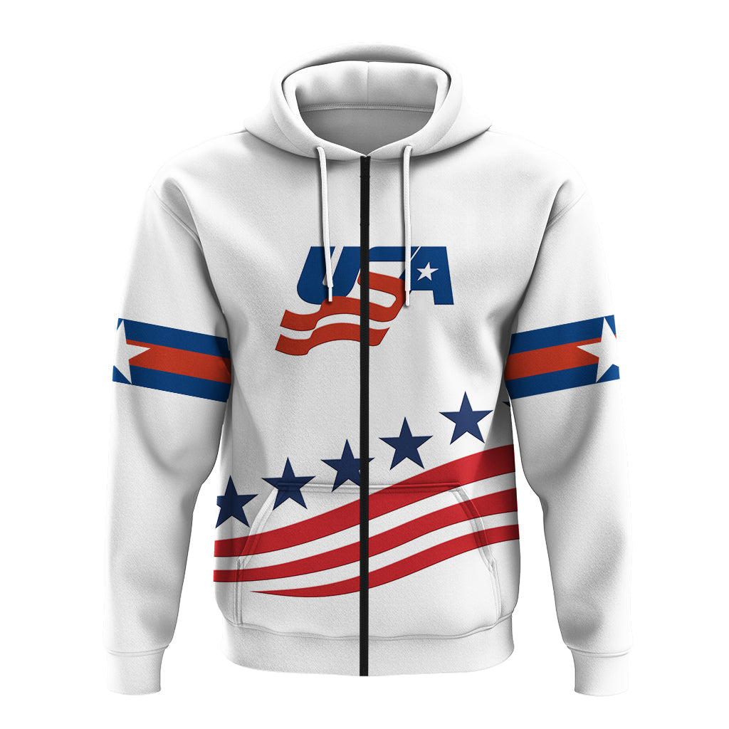 White pullover hoodie with USA flag stripes and centered front graphic