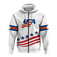 White pullover hoodie with USA flag stripes and centered front graphic