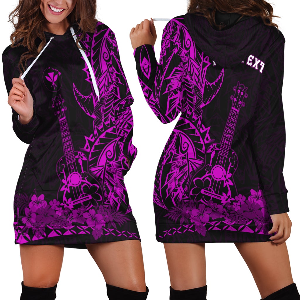 Purple hoodie dress with front tribal ukulele print and white drawstring