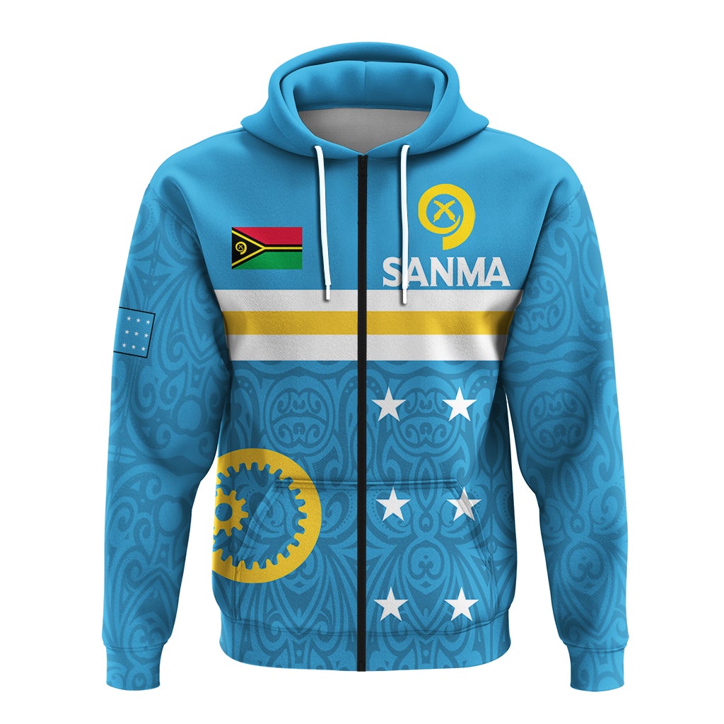 Blue zip hoodie front view with Sanma flag print, hood drawstrings and zipper