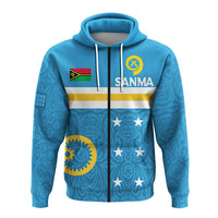 Blue zip hoodie front view with Sanma flag print, hood drawstrings and zipper