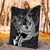 Black Polynesian shark blanket with white tribal shark head, flower outline, and manta-like waves