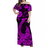 Women's off-shoulder long dress, purple floral and tribal print, fitted silhouette