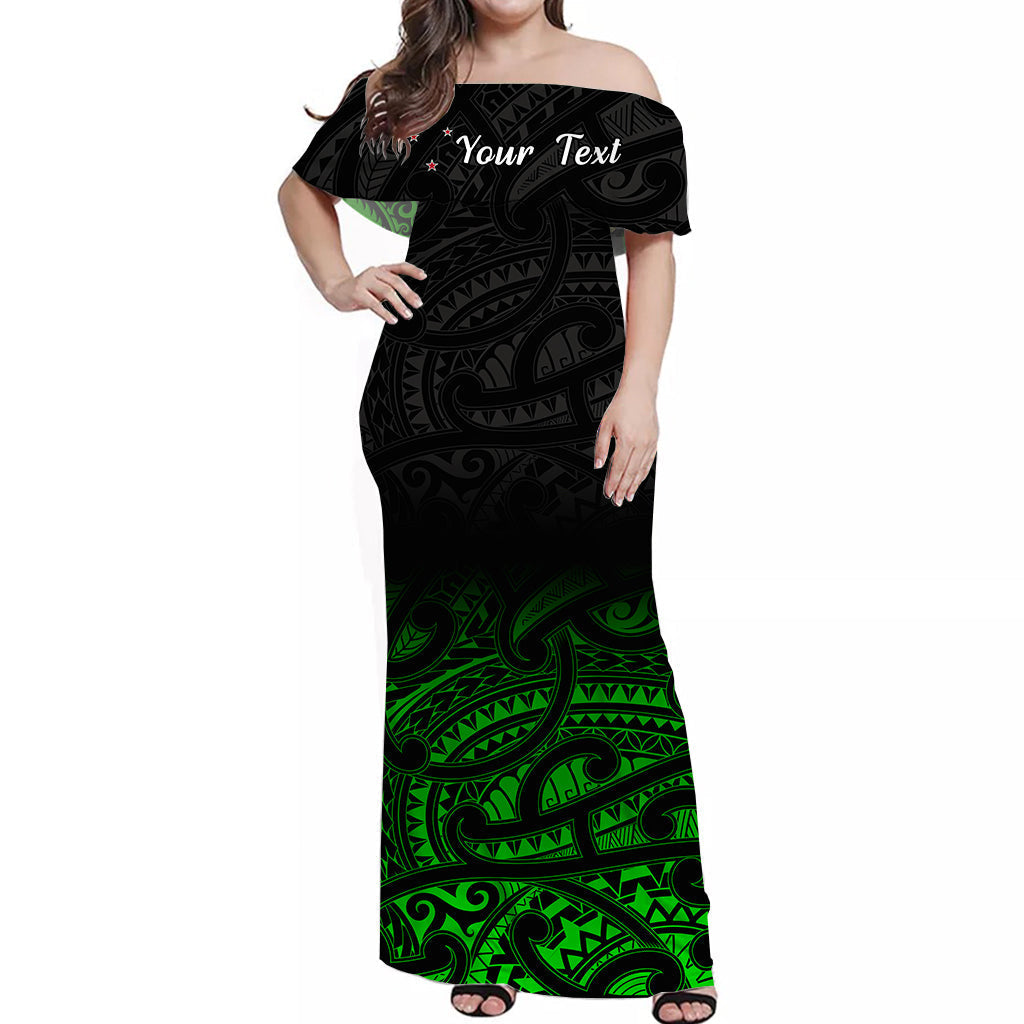 Off-shoulder long dress with black base and green Polynesian pattern, short sleeves
