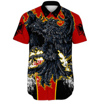 Unisex short sleeve button shirt, multicolor eagle graphic on red-and-black body