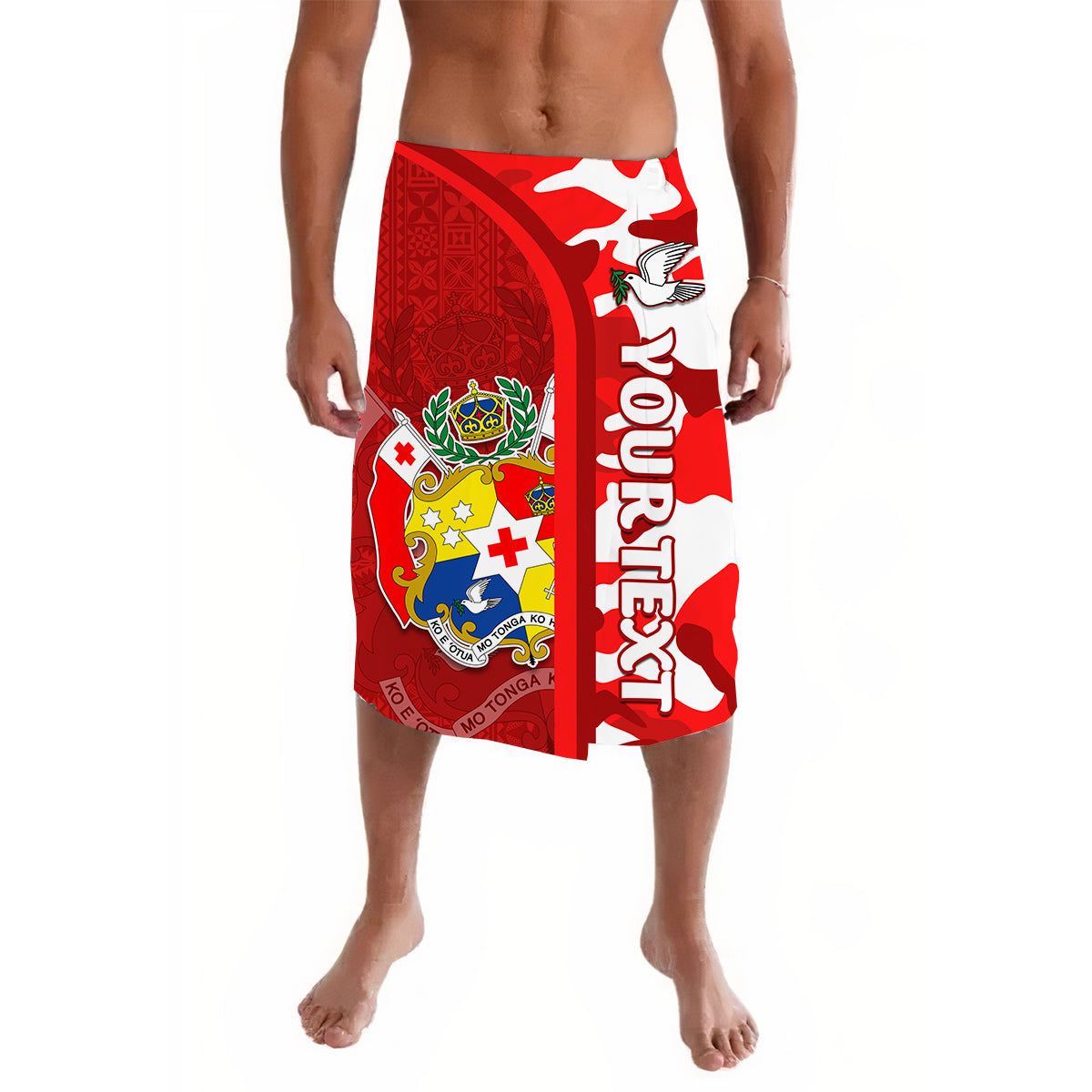 Red and white personalized lavalava sarong with Tongan crest and patterned panel