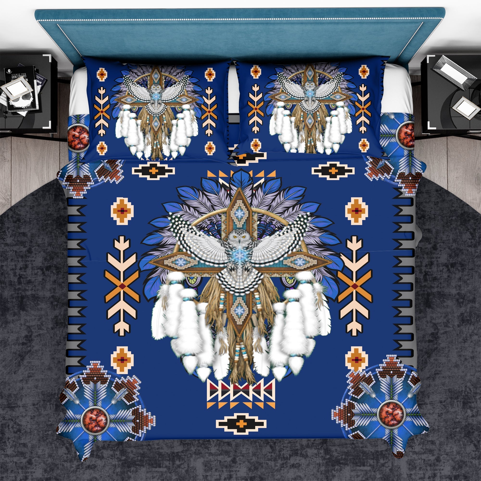 native-american-pattern-blue-headdress-bedding-set