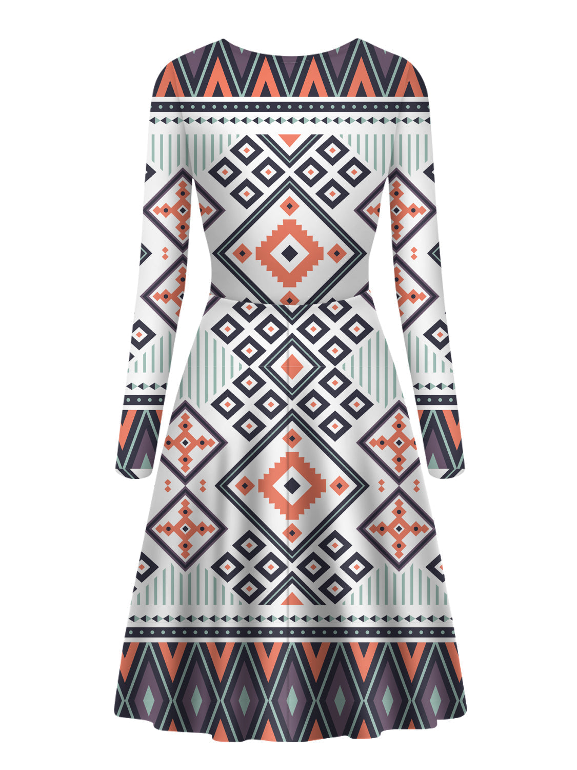 Long-sleeve dress with bold geometric borders and diamond motifs, multicolor purple/teal