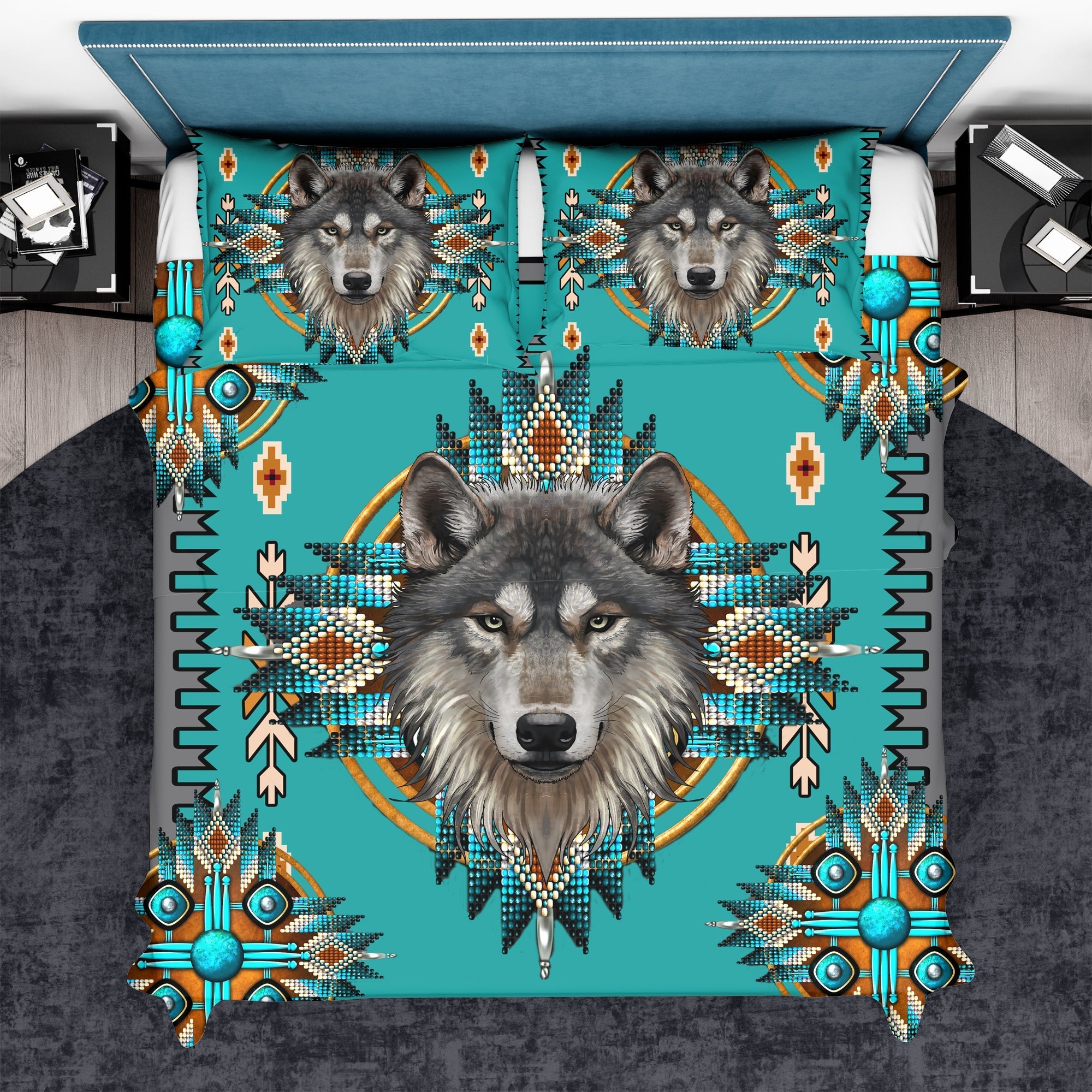 Native American Turquoise Tribe Wolf Bedding Set LT10 - Wonder Print Shop