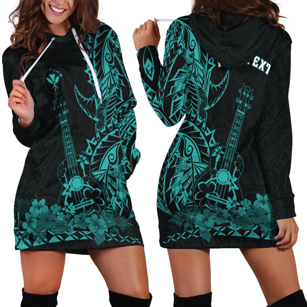 Black hoodie dress with turquoise Polynesian ukulele print, hood and white drawstrings