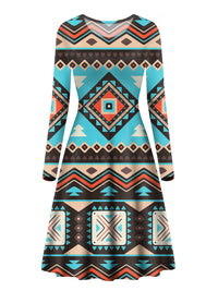 Long sleeve tunic dress with bold Aztec line pattern, turquoise and multicolor