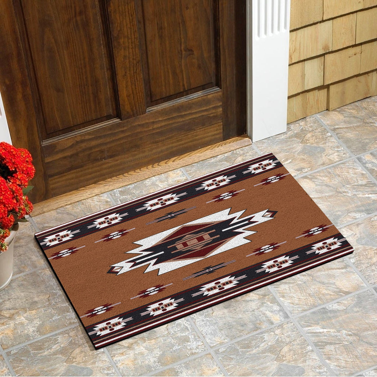 Brown tribal doormat featuring central white arrow star shape and repeating border stripes