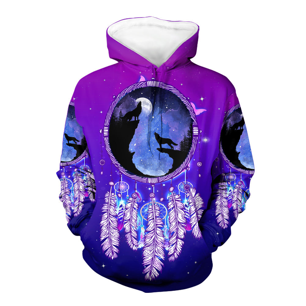 Multicolor pullover hoodie with purple galaxy dreamcatcher and wolf silhouettes