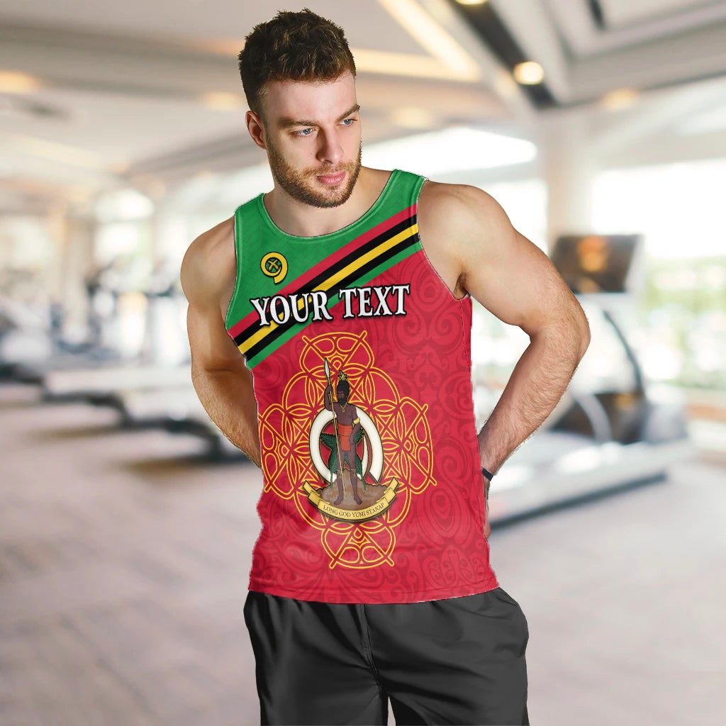 Men's red tank top front view with green straps, 'YOUR TEXT' and ornate gold emblem