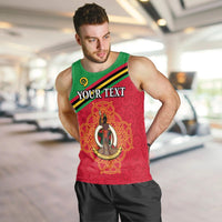 Men's red tank top front view with green straps, 'YOUR TEXT' and ornate gold emblem