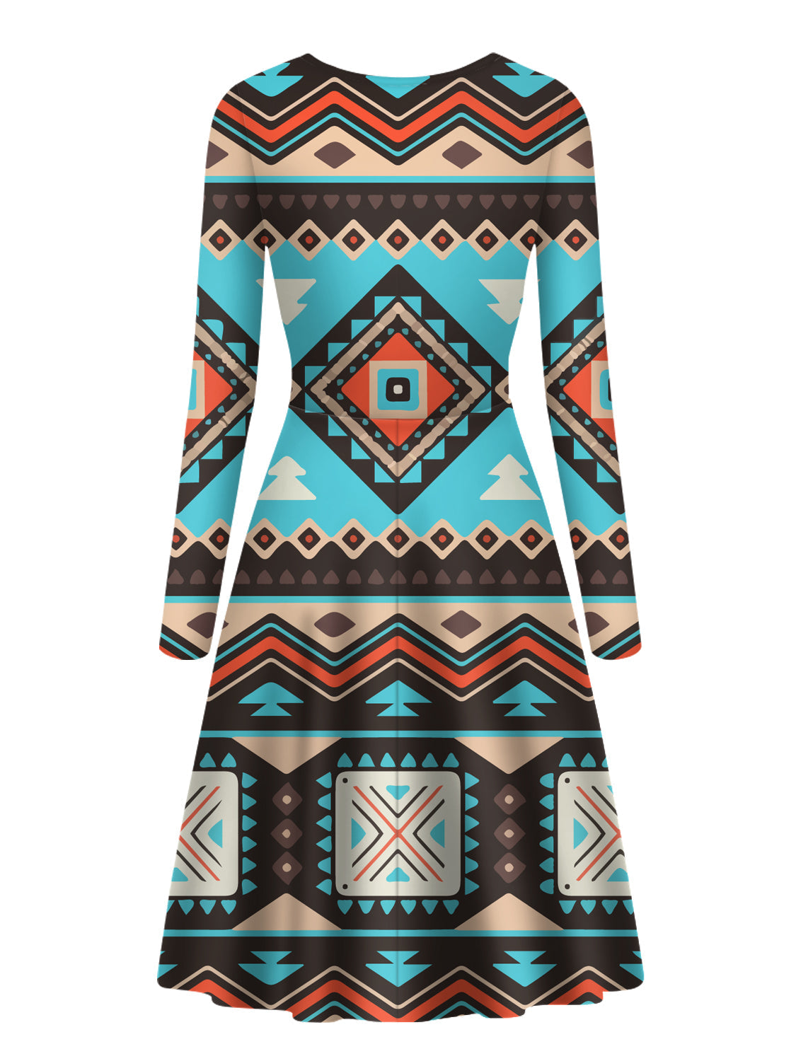 Long sleeve dress, crew neckline, multicolor geometric motifs and striped hem