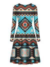 Long sleeve dress, crew neckline, multicolor geometric motifs and striped hem