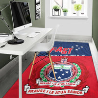 Area rug with FAST logo, shield emblem, and laurel accents in blue and red