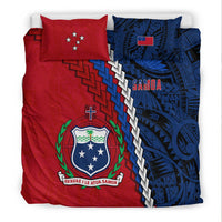 Samoa duvet set with red and blue designs, crest emblem and 'Fa'avaa'e' banner