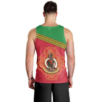 Back view red tank top with green yoke and centered tribal emblem