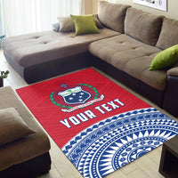 Red Polynesian area rug with green crest and white-blue border patterns