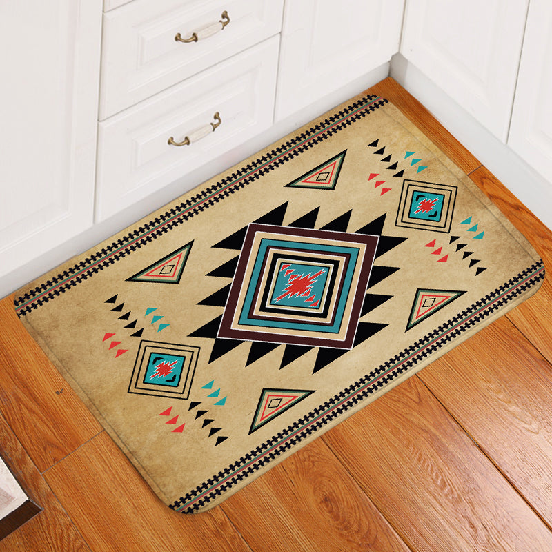 Colorful southwest symbol doormat with geometric squares and diamond patterns on beige