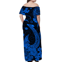 Dark blue off-shoulder maxi dress back view with fish-hook and hibiscus print