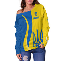 Blue-and-yellow off-shoulder sweater with Ukraine emblem and “UKRAINE” logo patch