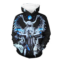 Black pullover hoodie, 3D chief with eagle wings and wolf graphic, blue/white print