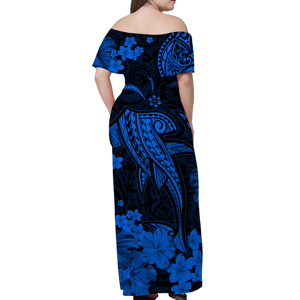 Back view Hawaiian matching dress, dark with blue floral tribal pattern