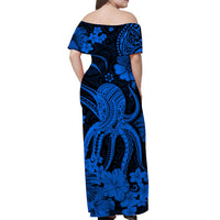 Blue off-shoulder maxi dress, back view with octopus and floral tribal print