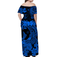 Women’s off-shoulder long dress in blue floral print, draped back view